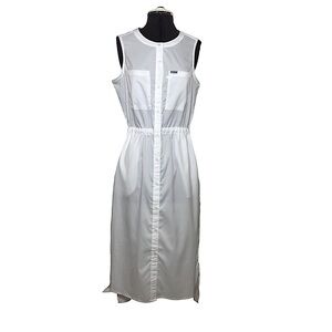 Columbia UPF 40 Button Down Adjustable Waist  Pockets White Flatter Sun Dress M